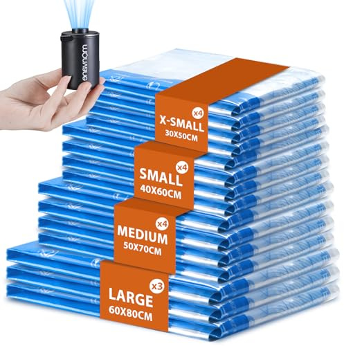 MONVANE Vakuumbeutel für Kleidung mit elektrischer Pumpe, 15 Stück（3 * 60 * 80cm + 4 * 50 * 70cm + 4 * 40 * 60cm + 4 * 30 * 50cm)— Vakuumbeutel Reisen, Bettwäsche, Umzug, Tägliche Aufbewahrung