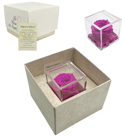 Tesori Nascosti Rosa Stabilizzata Fucsia Profumata in Cubo Trasparente - Confezione Regalo Elegante con Certificato - Durata 5-7 anni - Made in Italy - 5x5 cm - Rosa con Petali in gel