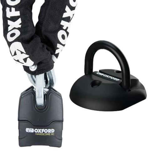 Oxford Hardcore XC13 Motorcycles Chain Lock 1.5m with Oxford Taskforce Ground -Heavy Duty Motorbike & Anti Theft Wall Anchor for Protection & Bike Security Lock (2.0m x 13mm)