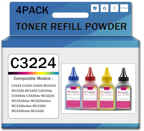 C3224 Kompatibles Toner-Nachfüllset für Tintenflaschen für Lexmark C3224 C3326 MC3224 MC3326 C3224dw C3326dw C3426dw MC3224adwe MC3224dwe MC3224i MC3326adwe MC3326i MC3426i Drucker,4PCS-1500 Pages