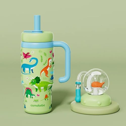 ST SoleMe.Tc Whale Fountain Tumbler with Handle Two Lids– 24oz Stainless Steel Cute Adult Sippy Cup, Hot/Cold Insulated Drink Container with Silicone Straw, Leak-Proof, Green with Pattern