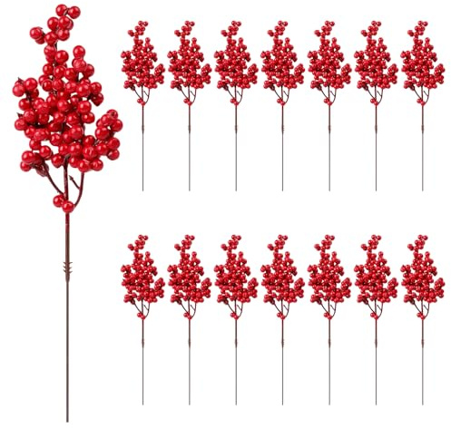 SULOLI 20 Stück Künstlicher Beerenzweig,Gefälschte rote Beeren,Stechpalmenbeeren,künstliche Frostebeeren für Weihnachten Deko,Hochzeit,Party