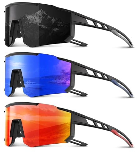 Foliful 3 Pack Polarized Sports Sunglasses Men Women, Running Mens Sunglasses UV Protection for Baseball Cycling Fishing, Grey/Red/Dark Blue