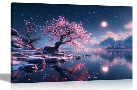 Artley Prints - Moonlit Sky Over Lake Mountain Landscape Canvas Prints for Living Room Wall Art Pictures Decor Extra Large 101 x 76cm (40 x 30 inches)