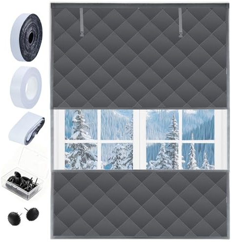 47 * 63Inches Visible Thermal Window Insulation Kit for Winter, Waterproof Winterizing Oxford Cloth Insulated Cover Grey Reusable Insulated Window Curtain Blanket Cotton Layer to Keep Warm