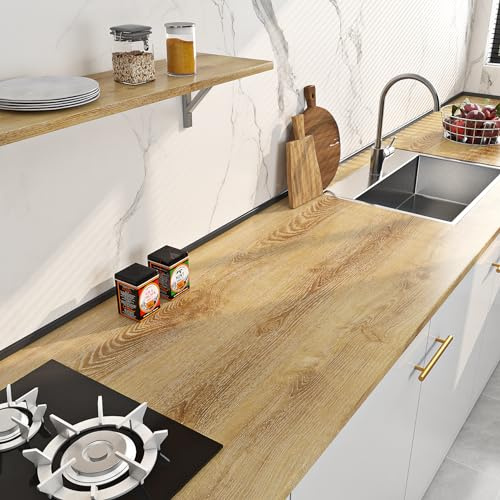 Livelynine Carta da Parati Autoadesiva Effetto Legno Rovere 90CMx500CM Pellicola Adesiva Legno Chiaro Impermeabile Rivestimento Adesivo per Mobili Cucina Top Piano da Lavoro Armadio Scrivania Porta