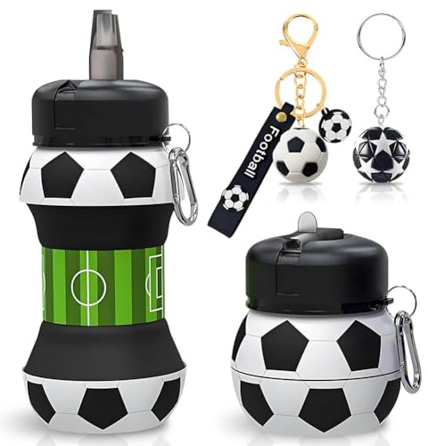 JhavexToy Bouteille d'eau en Silicone, Gourde Pliable Sans BPA, avec Porte-clés,Bouteille de Sport en Silicone pour Enfants, Gourde (Ballon de football noir et blanc 1)
