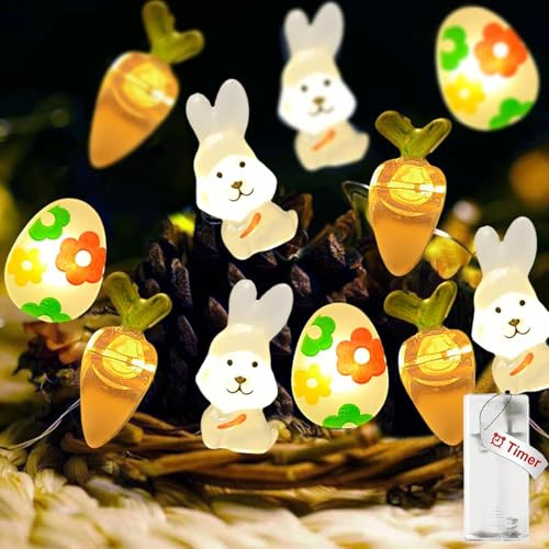 Koboko Lichterkette Ostern Deko, 2M 20 LED Osterdeko Lichterkette Innen mit Timer, Ostereier Hasen Lichterketten Led Osterdeko Außen Innen, Oster Deko Lichterketten für Osterparty Frühlings Party