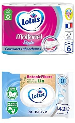 Lot de Papier toilette LOTUS Moltonel Style x6 rouleaux + Lotus Papier Toilette Humide Sensitive - Sans colorant, ni parfum - Fibres FSC 100% d’origine naturelle - 42 feuilles (lot de 1)