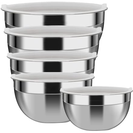 Luvan - Cuencos para mezclar de acero inoxidable 304 con tapas, juego de 5,cuencos para ensaladas anidados, aptos para lavavajillas, apilables para un fácil almacenamiento, versátiles en cocina