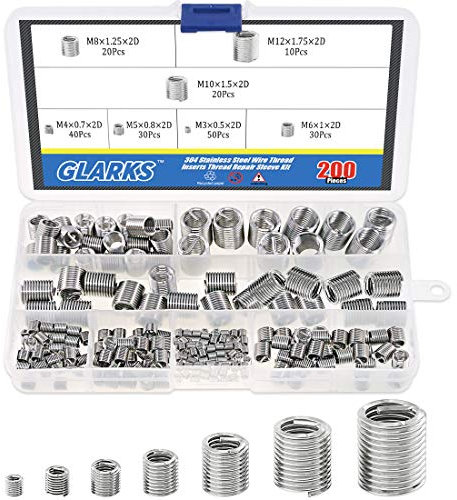 Glarks 200 inserti filettati assortiti in acciaio inox 304, M3, M4, M5, M6, M8, M10, M12, inserti filettati elicoidali, manicotto di riparazione auto