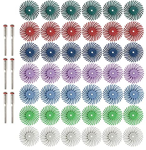 FPPO XFYL50T Lot de 42 disques à poils radiaux de 2,5 cm avec tige de 3 mm pour outils rotatifs, roue abrasive de détail pour bijoux, bois, métal, meule à poils avec grain 80-2500