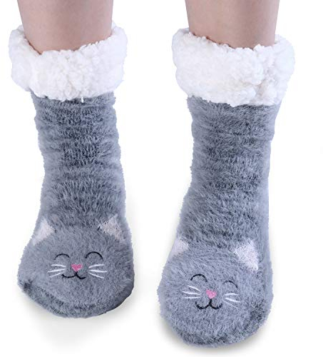 Jeasona Slipper Socks Women with Grippers Fluffy Cat Socks for Women Gifts for Cat Lovers Christmas Fleece Cute Warm Cosy Non-slip Winter 2.5-5