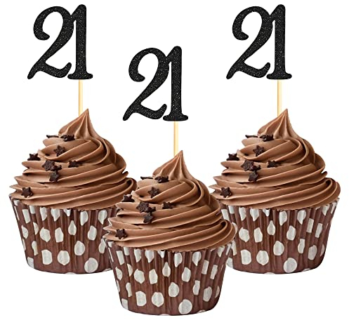 Sumerk 24PCS 21 Cupcake toppers Black Glitter 21th Birthday Cupcake Picks Anniversary Party Decorations