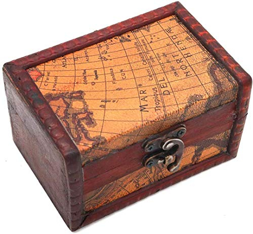 POFET Vintage Metal Lock Wooden Storage Box Jewelry Treasure Organizer Chest Case Gift Box - Map