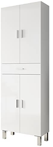 Dmora Armadio Multiuso Grande Oxnard, Mobile per Bagno o Lavanderia a 4 Ante e 1 cassetto, Armadio Multiuso Porta Scarpe, 60x29h182 cm, Bianco Lucido