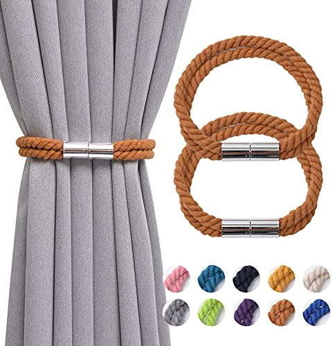 Pretty Jolly 2 Stück starke magnetische Vorhang-Raffhalter, Boho-Dekoration, Vorhang-Raffhalter, natürliche Baumwolle, Vorhanghalter für dünne oder dicke Zuhause und Büro, Fenstervorhänge (Kaffee)
