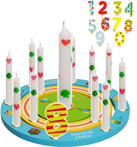 alles-meine.de GmbH 3 TLG. Set: Geburtstagsring/Geburtstagskranz - aus Holz + 10 Zahlenstecker + 11 Kerzen mit Lebenslicht - 19 cm - Kinder bunt/blau - gelb - grün - rot - Ke..