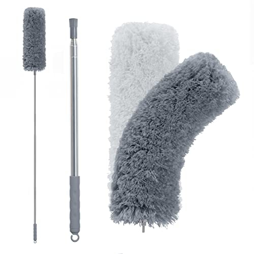BOOMJOY Mikrofasern Staubwedel Teleskop Waschbar, Staubwischer Staubbesen mit Verbiegbare Extra lang 81-254cm Edelstahl Teleskopstange, für Decken Spinnweben (Grau)