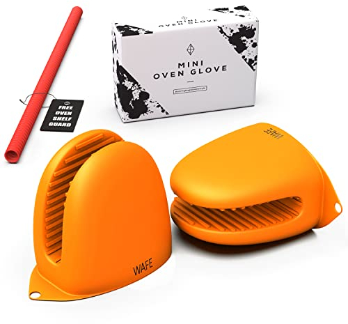 WAFE Mini-Ofenhandschuh – Topfhandschuhe Anti-Rutsch Hitzebeständige Silikon - Topflappen zum Backen, Kochen, Grillen – 2er-Set Handschuhe mit ofenregalSchutz, Orange