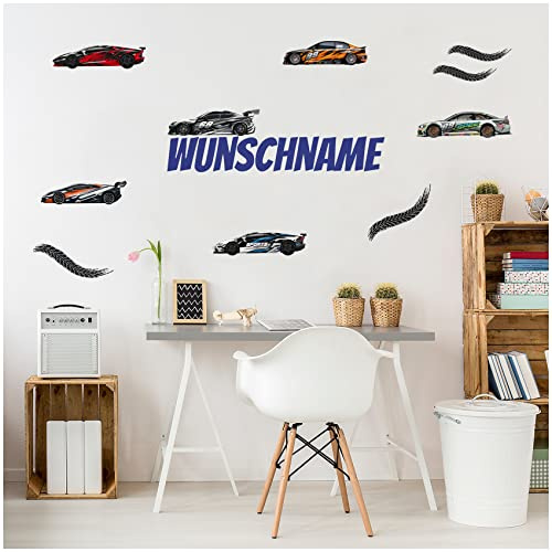Wandsticker personalisiert mit Name Wandtattoo für Jugendzimmer Kinderzimmer Wohnzimmer Wandbild Mädchen Junge Teenager selbstklebend Y065 (Mit Wunschname, 08 Autos)