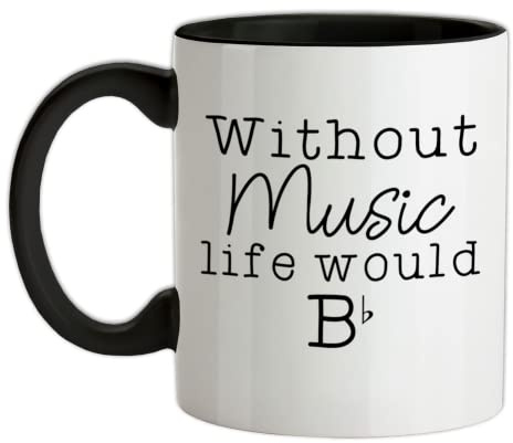 Without Music My Life Would B (Flat) - 11oz - Ceramic Two-Tone Mug for Coffee/Tea - Black/White - One Size