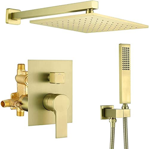 DASHADAO Duschsystem-Set mit Duschkopf, Brauseschlauch, Messing-Regenfall, luxuriöses Badezimmer-Unterputz-Duscharmatur-Kombi-Set, gebürstetes Gold