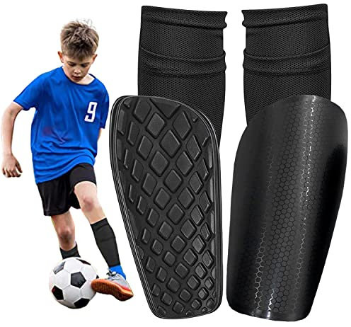 Football Shin Pads for Kids, Youth & Adults with Non-Slip Insert Pocket and Calf Sleeves, Protective Equipment for Soccer, Suitable for Boys & Girls Age 5-12. (M (7.28 x 3.54in), Black)
