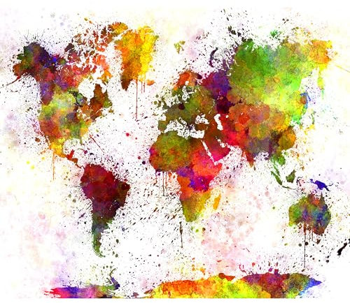 decomonkey - Papier Peint Panoramique Adhésif carte du monde 196x140 cm - Stickers Muraux Chambre Déco Autocollant - Jaune rouge gris marron - Cartes aquarelles des continents colorés du monde