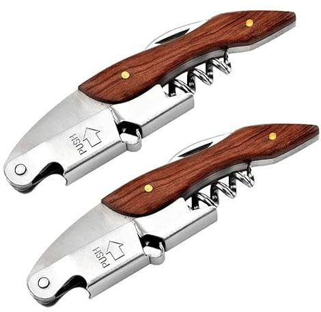 2 x Korkenzieher Wein aus Edelstahl | Kellnermesser | Wein Öffner mit Flaschenöffner & Folienschneider | Sommeliermesser | Multifunktionaler Kellnerbesteck | Weinkorkenzieher | manueller Korkenheber