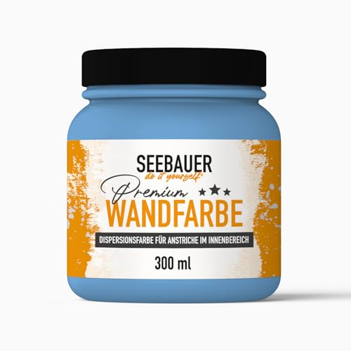 SEEBAUER diy Wandfarbe Blau 300ML für Innen (No. 809 Cloudless Sky) Edelmatte blaue Innenfarbe - Blautöne sehr hohe Deckkraft - Matt, Abwaschbar und Tropffrei