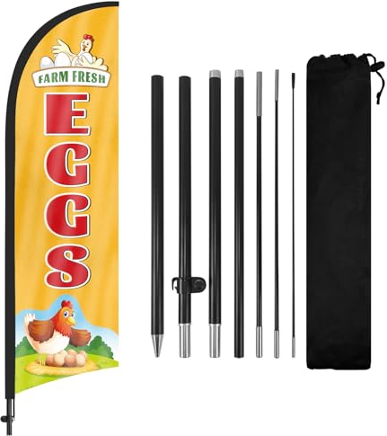 FSFLAG Farm Fresh Eggs Federflagge mit Fahnenmast-Kit und Erdspieß, 2,4 m hoch, Werbung, windstill, Bauernhof, frische Eier, Flaggenschild für Draußen, Innenbereich, Geschäft
