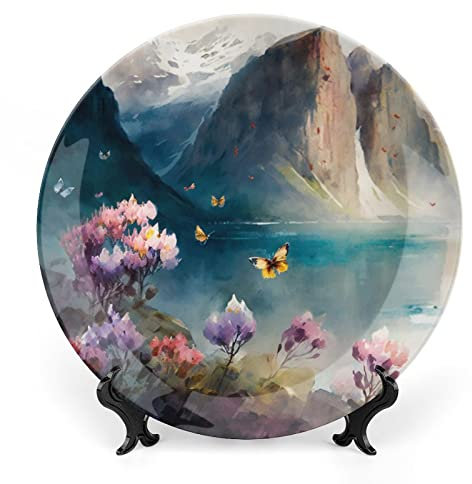Piatto decorativo, montagna, fiori e farfalle, pittura a olio ornamentale, decorazione artistica per casa, ufficio, feste, cene, tavoli, piatti in porcellana, 15 cm, regali di compleanno