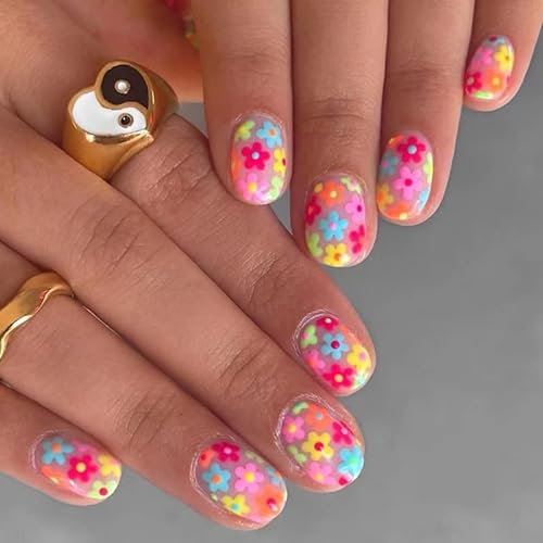 Vatocu Square False Nails Short Rainbow Flowers Press on Nails Summer Fake Nails Acrylic Stick on Nails for Women and Girls (24pcs)