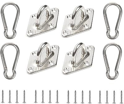 M6 Pad Eye Plate and Carabiner Clips, Sun Shade Sail Fixing Accessories Marine Hardware Staple Hook Loop, Heavy Duty Sun Shade Sail Stainless Steel Hardware Kit for Square, Rectangle-Hustong