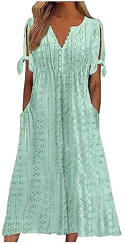AMhomely Boho Vintage Summer Dress for Women UK - Loose Short Sleeve Beach Swing Tunic With Pockets - Ladies Bohemian Floral Print A-Line Daily Bridesmaid Dress - Soft Green