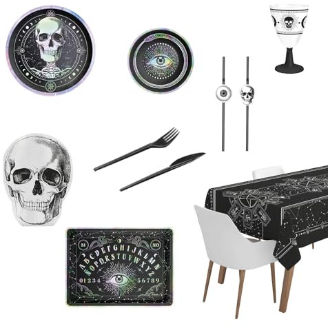 OH YEAH - Kit 12 Personas - Decoración Halloween Mesa - Temática Infantil y Adulto - Accesorios Fiesta Día de los Muertos - Platos + Vasos + Servilletas + Manteles - FÁCIL MONTAJE (Esotérica)