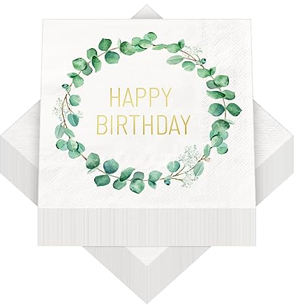 80 Stück Servietten Geburtstag, Servietten Eukalyptus Grün, Servietten Salbeigrün, Happy Birthday Servietten, Geburtstagsservietten, Geburtstagsdeko Tisch Servietten Tischdeko Geburtstag Frau Mann