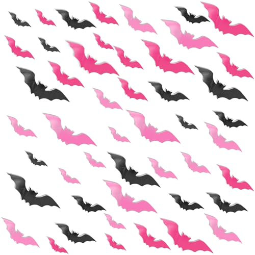 Lot de 48 Chauves Souris Roses 3D pour Décoration Murale d'Halloween - Autocollants Muraux en PVC