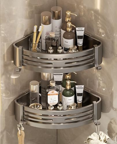 Duschablage Ecke ohne Bohren, 2 Stück Duschregal mit 4 Haken, Duschkörbe, Selbstklebend Eckregal Badezimmer Organizer für Bad Küche Toilette, Badregal Ohne Bohren mit Klebstoff, Aluminium, Grau