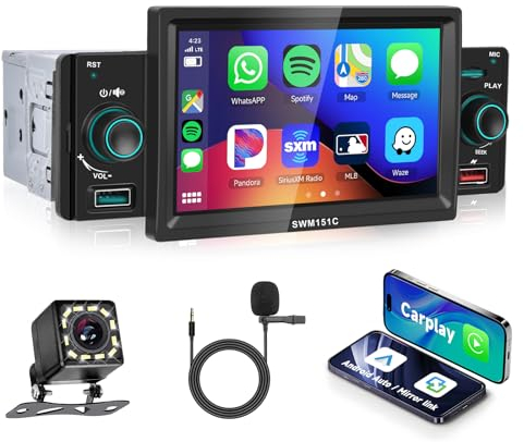 Podofo Carplay 1Din Autoradio Stereo Android Auto 5 Zoll Touchscreen Bluetooth 5.1/Mirror Link Adjuvans SD/2 USB/FM/EQ/SWC Mit 12LED Rückfahrkamera