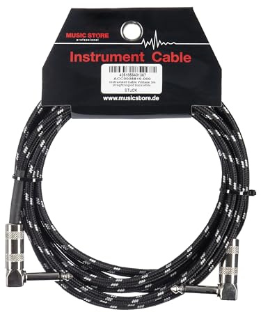 Music Store Vintage Instrumentenkabel 3 m, Nostalgisches PVC-Tweed-Kabel, Winkelklinke zu Winkelklinke, Vernickelte Kontakte, Ideal für Verstärker und Audio-Interfaces, Schwarz/Weiß