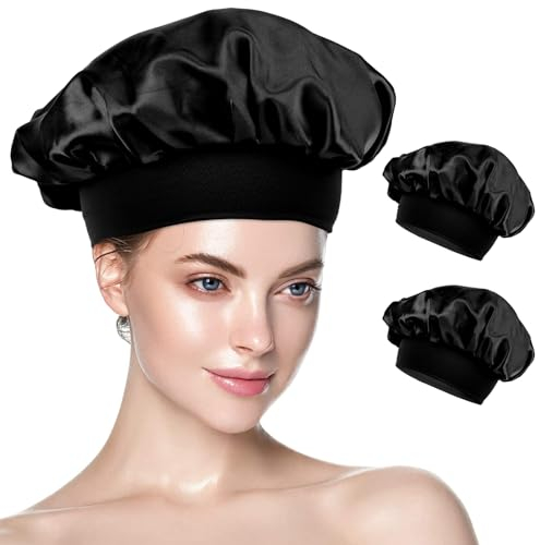 Silk Bonnet Seidenhaube zum Schlafen, 2 Stück Satin Haarhaube aus Seide, Haarwickel, Schlafmützen für Frauen und Mädchen(schwarz,schwarz)