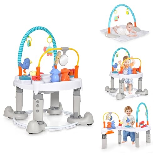 DREAMADE 3 in 1 Lauflernhilfe, Spieldecke & Spieltisch Baby, 3-stufig höhenverstellbarer Jumperoo mit 360° drehbarem Sitz, Aktivitätstisch mit 4 Rädern, für Babys 0-24 Monate