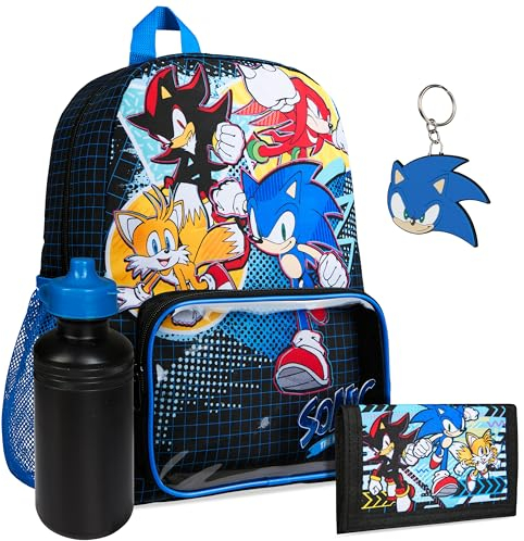 SONIC THE HEDGEHOG Schulrucksack Jungen Set, 4 STK. Rucksack Kinder Set Shadow Knuckles Trinkflasche & Accessoires (Schwarz/Mehrfarbig)