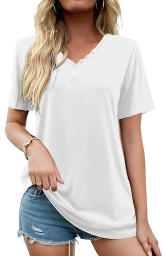 Florboom T-Shirt Damen Sommer Kurzarm Sexy V Ausschnitt Locker Oberteil Top Weiß L