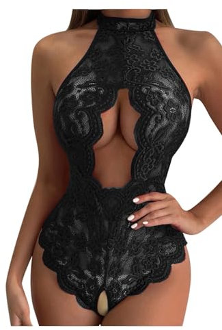 Body Femme Sexy érotique Ouvert Entrejambe Bodysuit Femme Dentelle Dos Nu Transparent Lingerie Sexy Femme Coquine Hot Justaucorps sans Manches sous Vetements feminins Pas Cher (Black, M)
