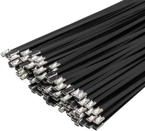 XINGO Fascette in metallo nero da 30 cm (confezione da 200), fascette in acciaio inossidabile 304 resistenti, resistenza alla trazione 136 kg, fascette autobloccanti multiuso per avvolgimento di