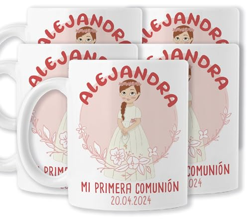 Pack de 5 Tazas Personalizadas Regalo Comunión Niña | Diseño floral | Regalo para catequista. Regalo para niña comunión - Invitados - Regalo Original Comunión. Cerámica blanca