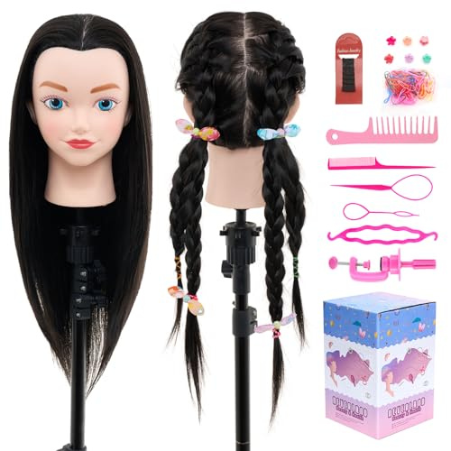 Neverland Beauty & Health 20 100% Synthetic Fiber Hair Training Head Hairdressing Practice Mannequin Manikin with Mannequin Head Stand Hair Styling Braid Accessoires Set(Black)